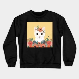 The cute white cat queen is watching you from the flowerbed Crewneck Sweatshirt